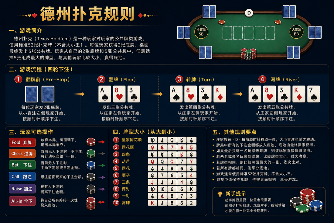 德州扑克规则、下注流程与牌型大小图解